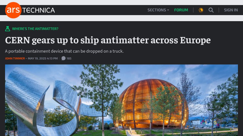 Screenshot of arstechnica.com: CERN gears up to ship antimatter across Europe