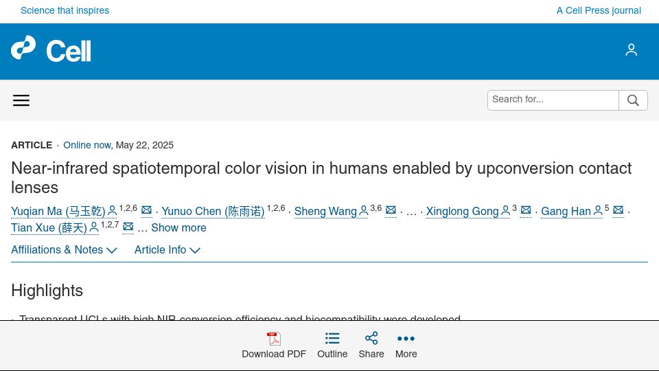 Screenshot of cell.com: Near-infrared spatiotemporal color vision enabled by upconversion contact lenses
