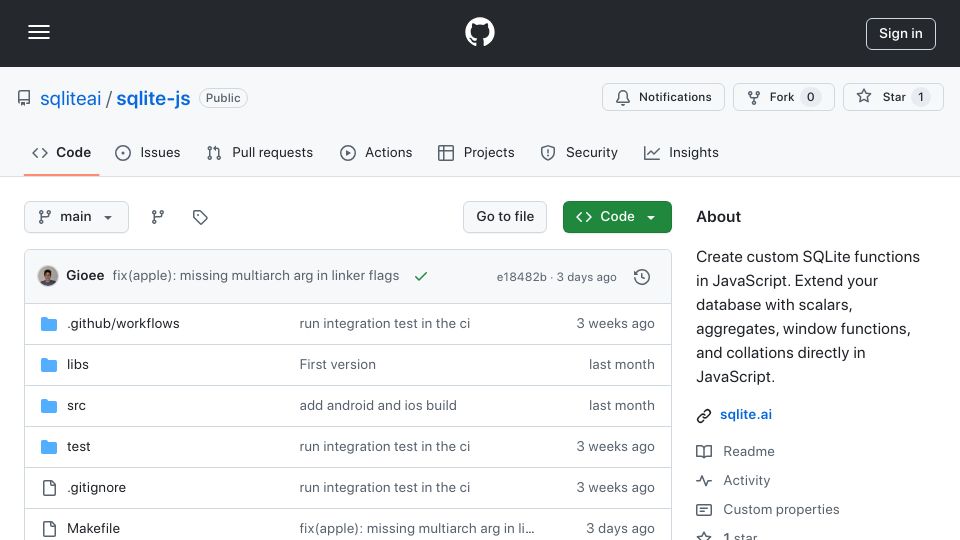 Screenshot of github.com: Show HN: SQLite JavaScript - extend your database with JavaScript