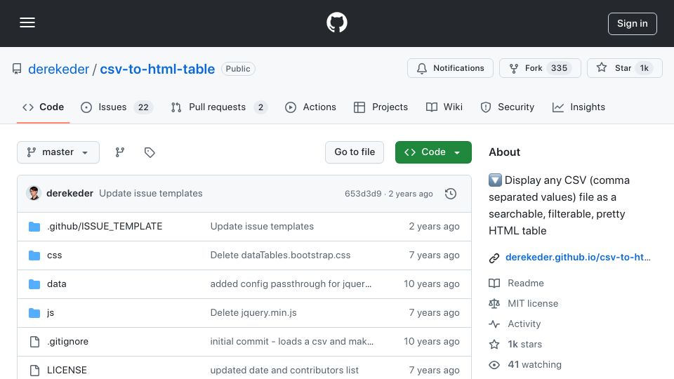 Screenshot of github.com: Display any CSV file as a searchable, filterable, pretty HTML table