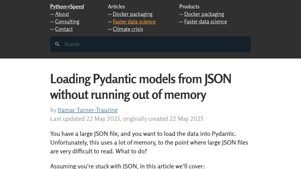 Screenshot of pythonspeed.com: Loading Pydantic models from JSON without running out of memory