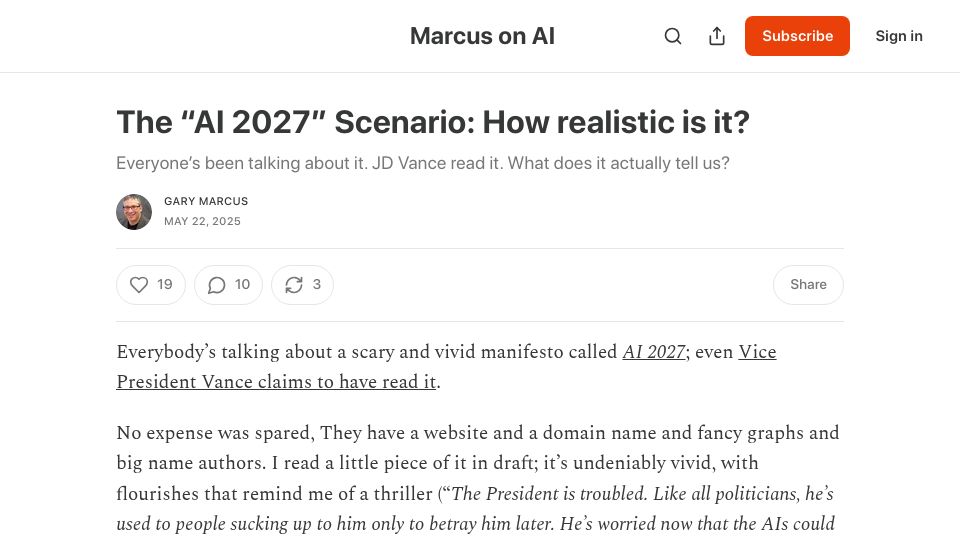 Screenshot of garymarcus.substack.com: The "AI 2027" Scenario: How realistic is it?