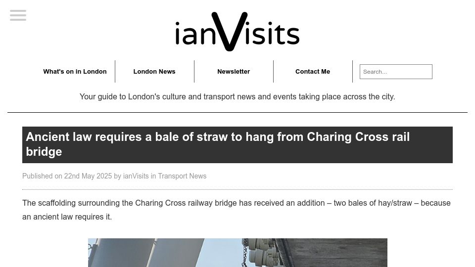 Screenshot of ianvisits.co.uk: Ancient law requires a bale of straw to hang from Charing Cross rail bridge