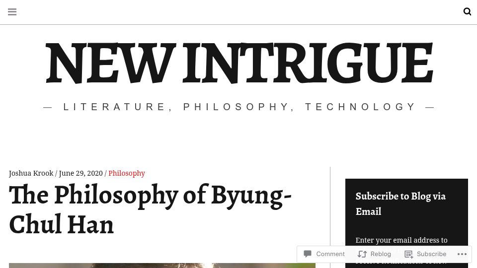 Screenshot of newintrigue.com: The Philosophy of Byung-Chul Han (2020)