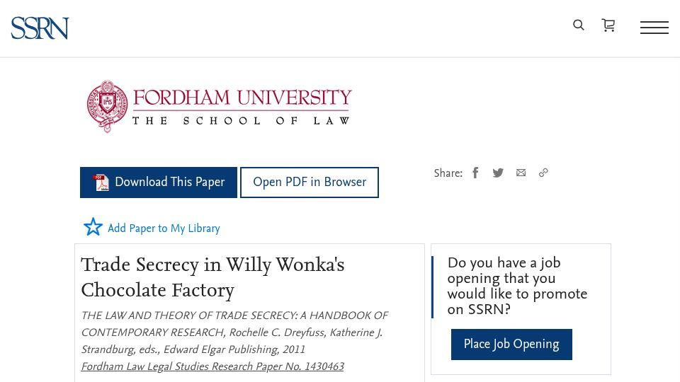 Screenshot of papers.ssrn.com: Trade Secrecy in Willy Wonka's Chocolate Factory (2009)