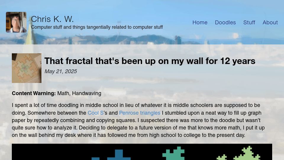 Screenshot of chriskw.xyz: That fractal that's been up on my wall for years