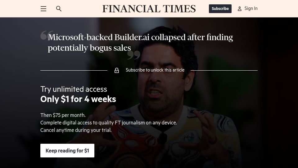 Screenshot of ft.com: Microsoft-backed Builder.ai collapsed after finding potentially bogus sales