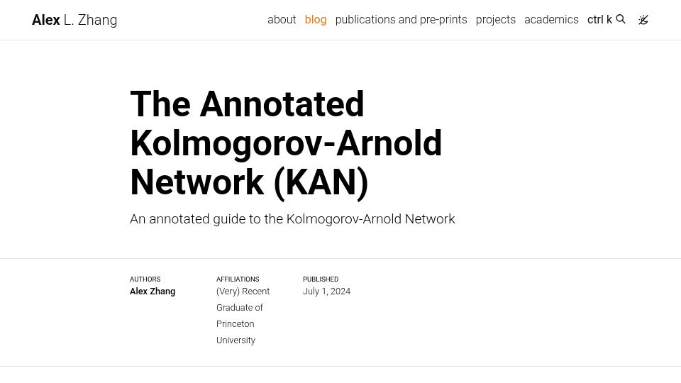Screenshot of alexzhang13.github.io: The Annotated Kolmogorov-Arnold Network (Kan)