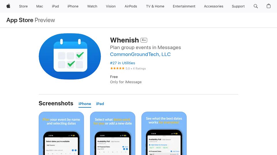 Screenshot of apps.apple.com: Show HN: Whenish – Plan Group Events in iMessages