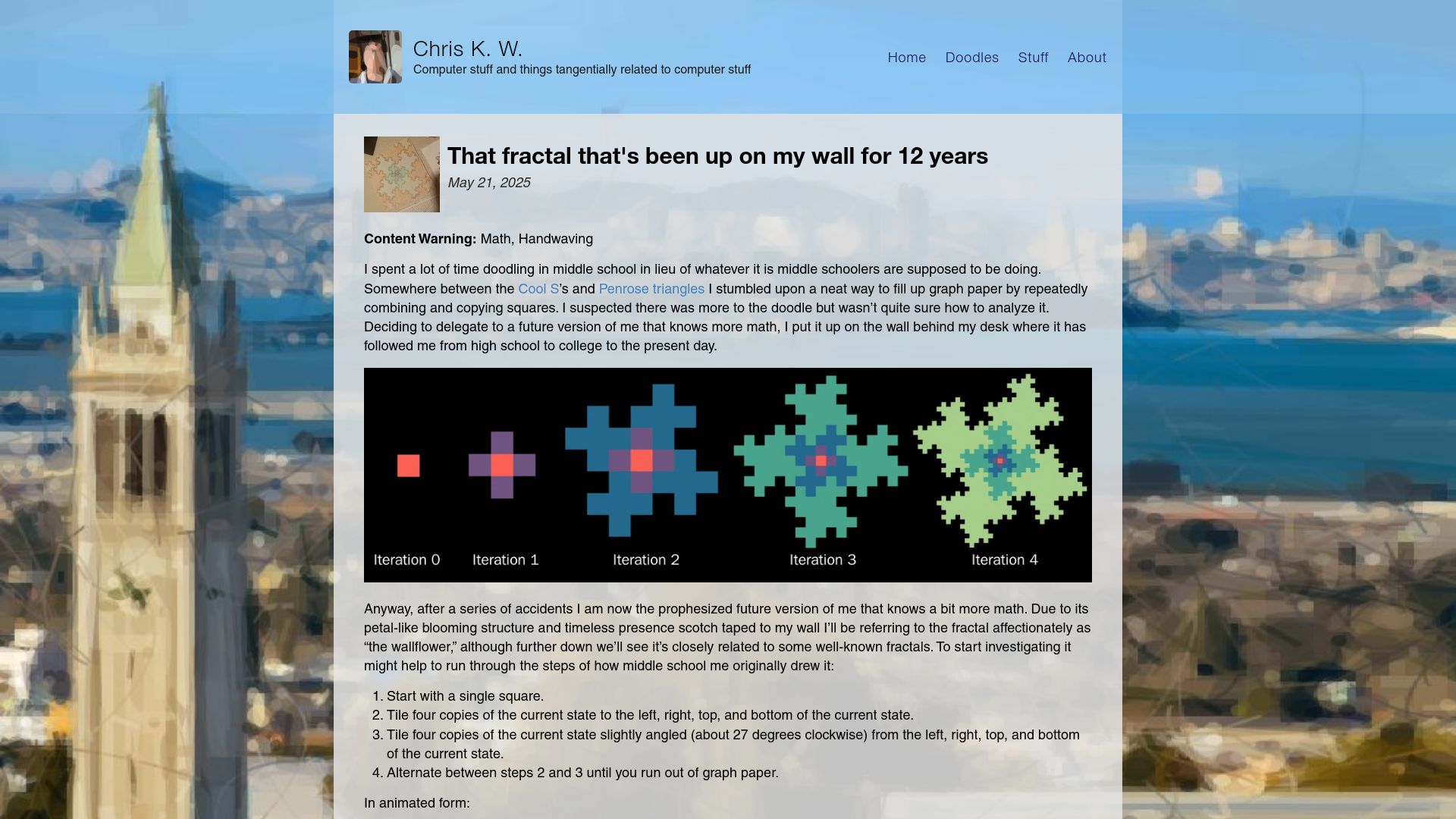 Screenshot of chriskw.xyz: That fractal that's been up on my wall for years