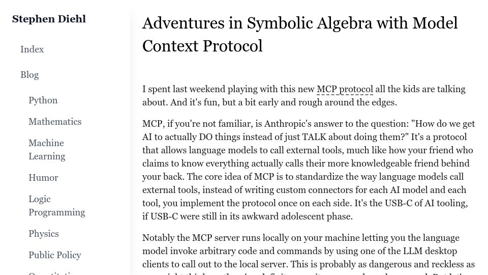 Screenshot of stephendiehl.com: Adventures in Symbolic Algebra with Model Context Protocol