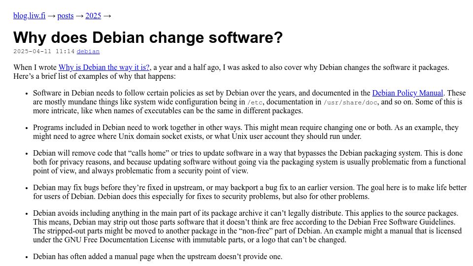 Screenshot of blog.liw.fi: Why does Debian change software?