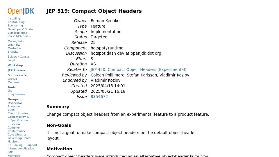 Screenshot of openjdk.org: JEP 519: Compact Object Headers