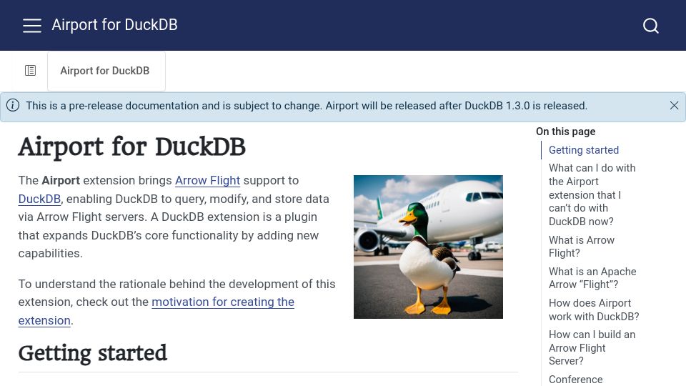 Screenshot of airport.query.farm: Airport for DuckDB
