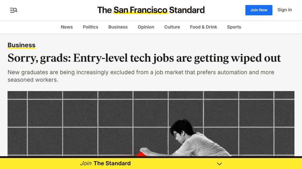 Screenshot of sfstandard.com: Sorry, grads: Entry-level tech jobs are getting wiped out