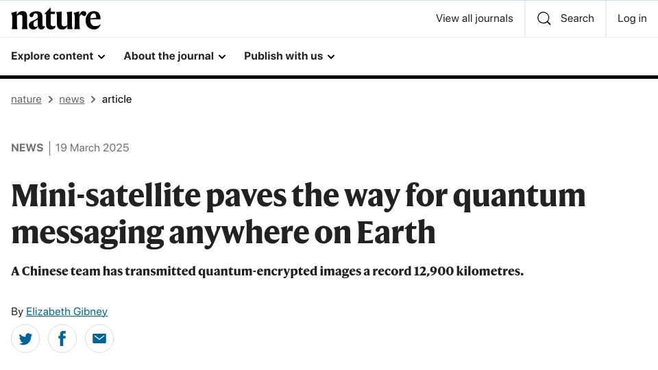 Screenshot of nature.com: Mini-satellite paves the way for quantum messaging anywhere on Earth