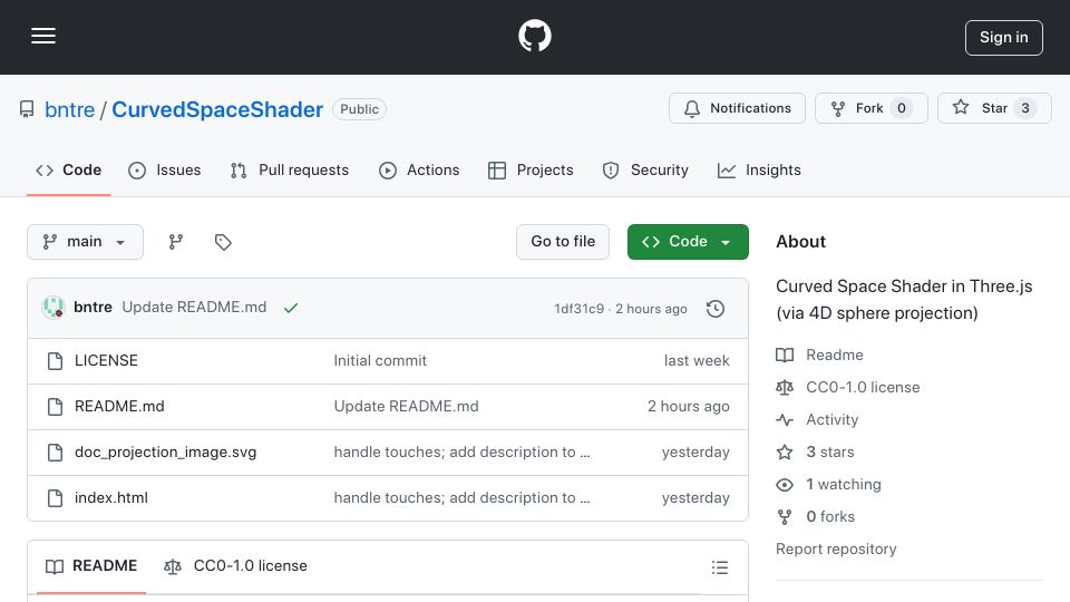 Screenshot of github.com: Show HN: Curved Space Shader in Three.js (via 4D sphere projection)