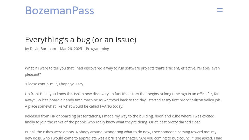 Screenshot of bozemanpass.com: Everything’s a bug (or an issue)