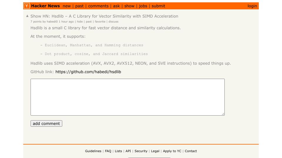 Screenshot of Hacker News post: Show HN: Hsdlib – A C Library for Vector Similarity with SIMD Acceleration