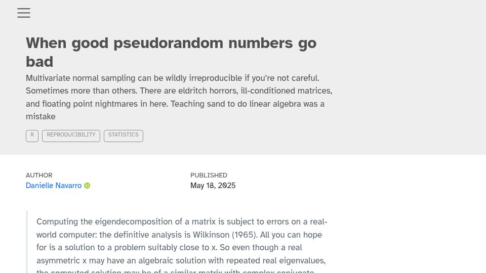 Screenshot of blog.djnavarro.net: When good pseudorandom numbers go bad