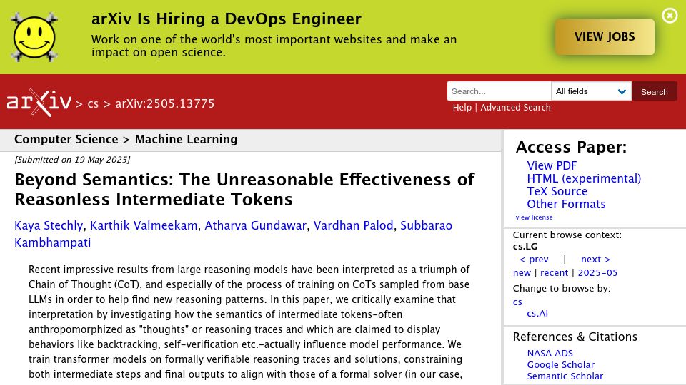 Screenshot of arxiv.org: Beyond Semantics: Unreasonable Effectiveness of Reasonless Intermediate Tokens
