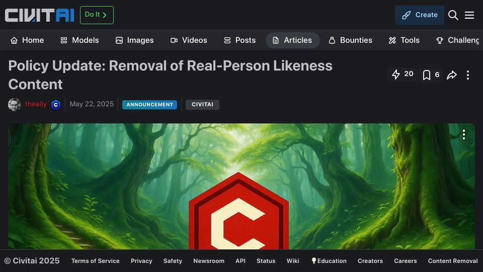 Screenshot of civitai.com: CivitAI Policy Update: Removal of Real-Person Likeness Content