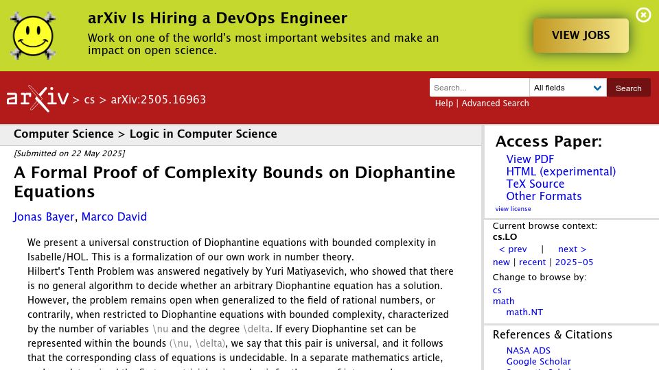 Screenshot of arxiv.org: A Formal Proof of Complexity Bounds on Diophantine Equations