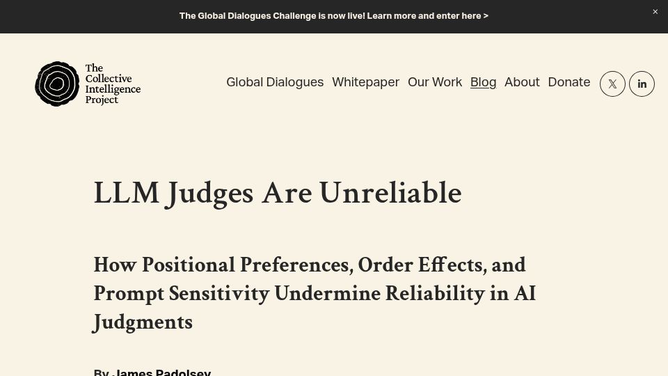 Screenshot of cip.org: Positional preferences, order effects, prompt sensitivity undermine AI judgments