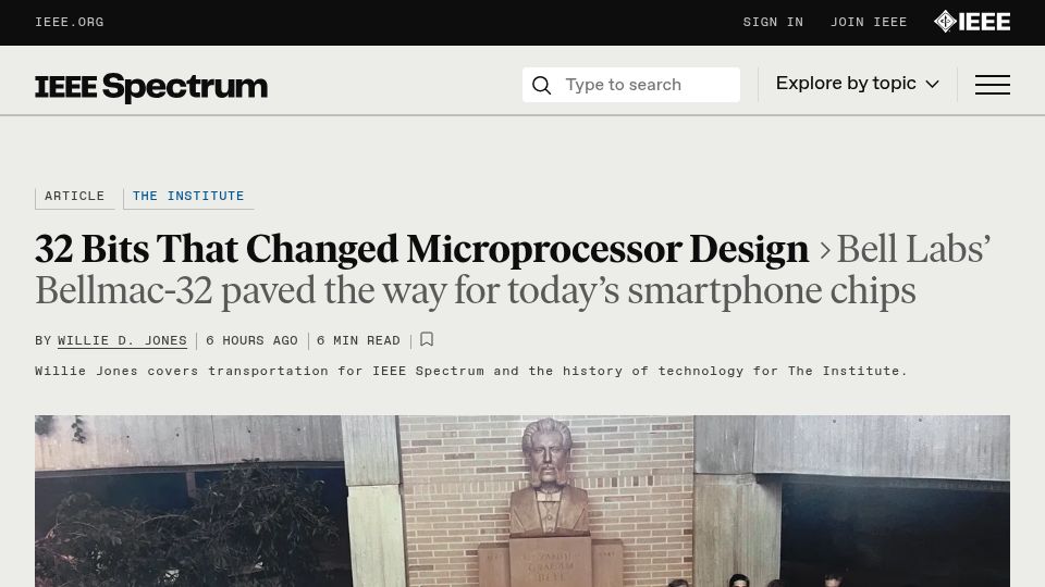 Screenshot of spectrum.ieee.org: 32 bits that changed microprocessor design