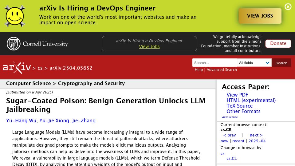 Screenshot of arxiv.org: Sugar-Coated Poison: Benign Generation Unlocks LLM Jailbreaking