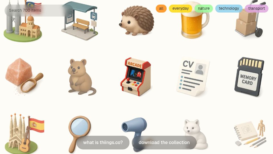 Screenshot of thiings.co: Show HN: I made an infinite gallery of AI-generated 3D skeuomorphic icons