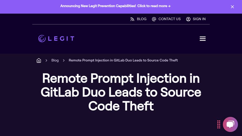 Screenshot of legitsecurity.com: Remote Prompt Injection in Gitlab Duo Leads to Source Code Theft