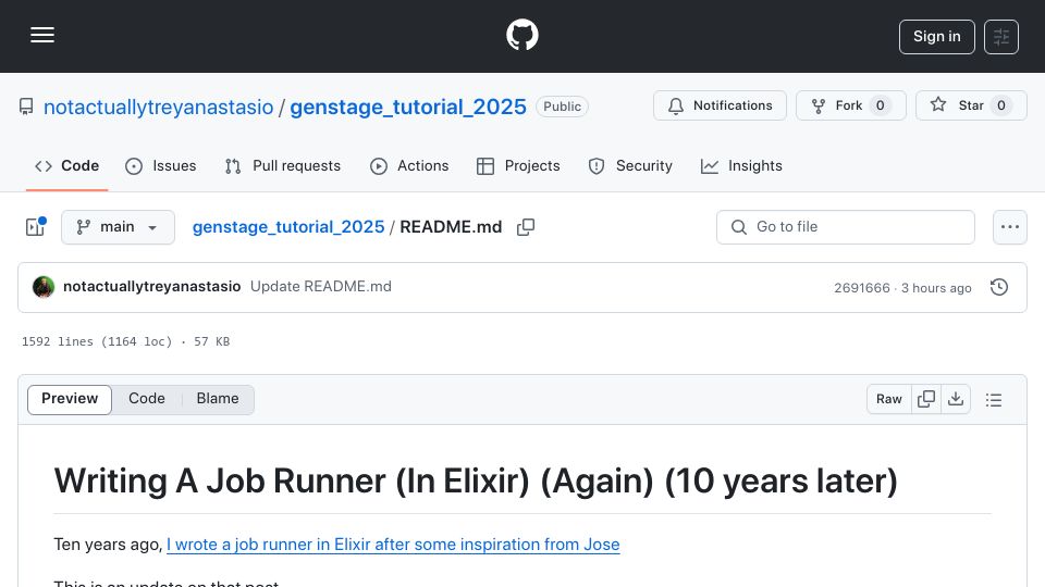 Screenshot of github.com: Writing A Job Runner (In Elixir) (Again) (10 years later)