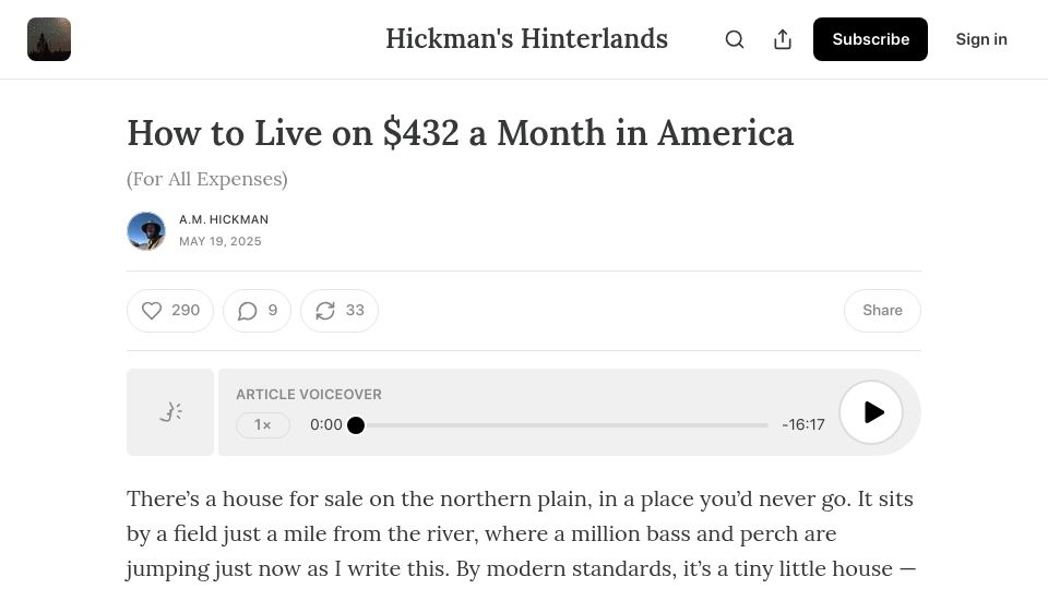 Screenshot of shagbark.substack.com: How to live on $432 a month in America