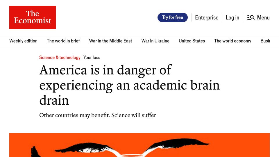 Screenshot of economist.com: America is in danger of experiencing an academic brain drain