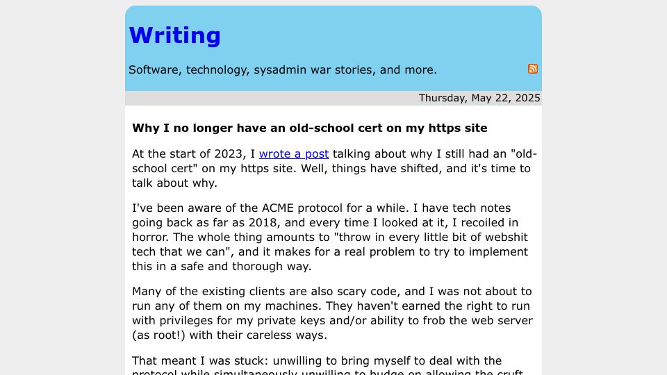 Screenshot of rachelbythebay.com: Why I no longer have an old-school cert on my HTTPS site