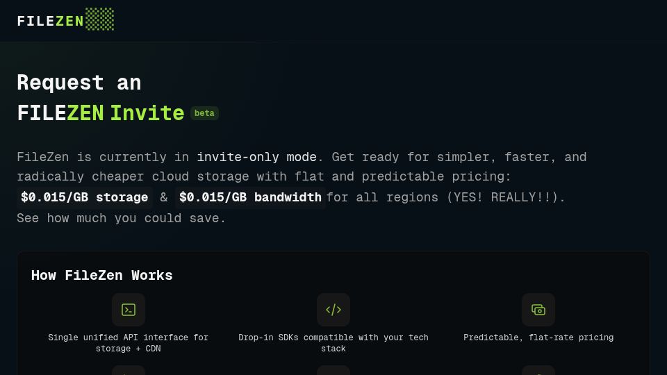 Screenshot of filezen.dev: Why is file storage and CDN delivery still so fucking hard even in 2025?