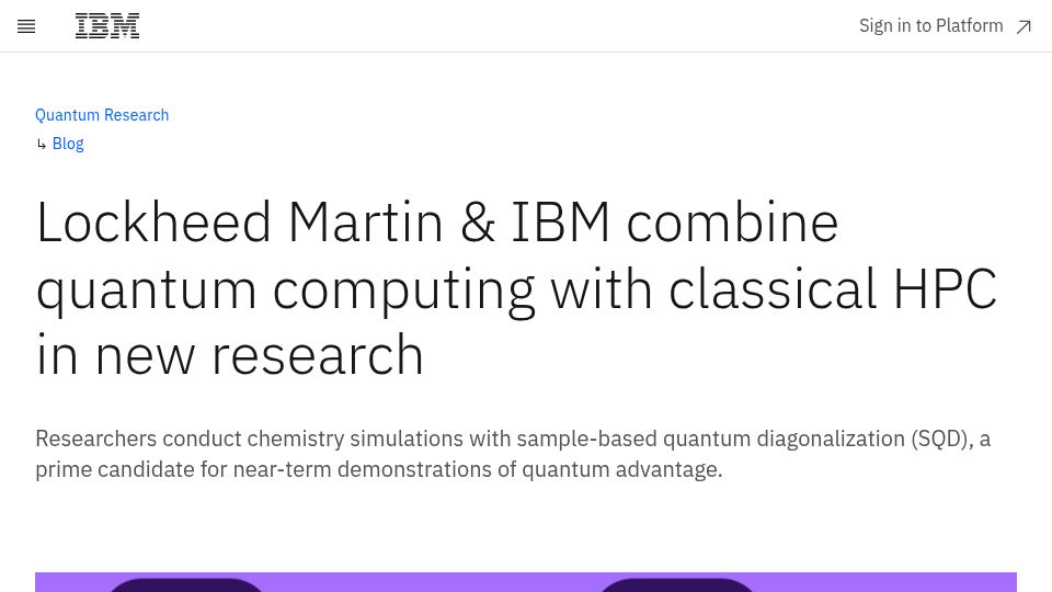 Screenshot of ibm.com: Lockheed Martin and IBM combine quantum computing with HPC in new research