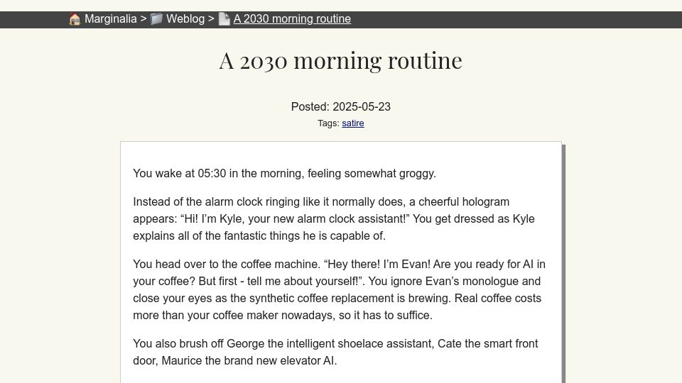 Screenshot of marginalia.nu: A 2030 Morning Routine