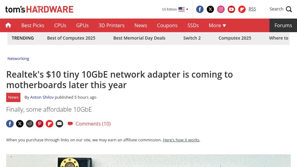 Screenshot of tomshardware.com: Realtek's $10 tiny 10GbE NIC will hit motherboards soon