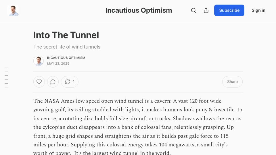 Screenshot of jordanwtaylor2.substack.com: Into The Tunnel: The secret life of wind tunnels
