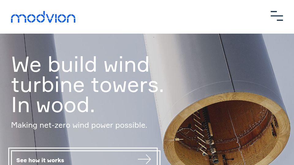 Screenshot of modvion.com: Tallest Wooden Wind Turbine