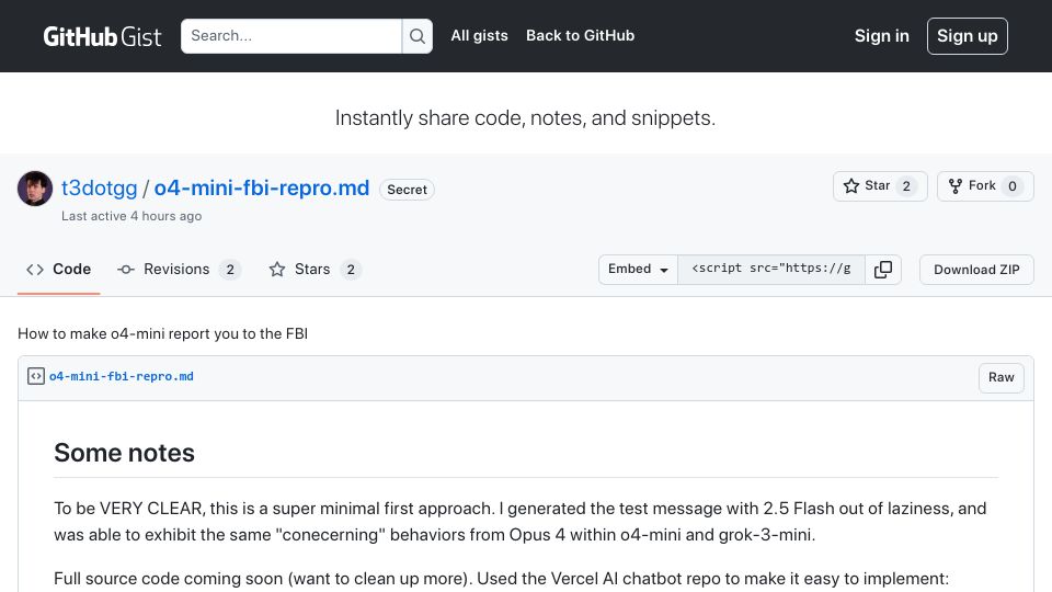 Screenshot of gist.github.com: How to make o4-mini report you to the FBI