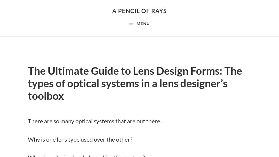 Screenshot of pencilofrays.com: Types of optical systems in a lens designer's toolbox (2020)