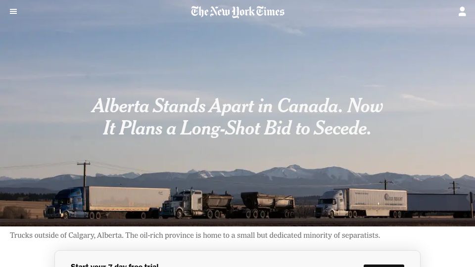 Screenshot of nytimes.com: Alberta separatism push roils Canada
