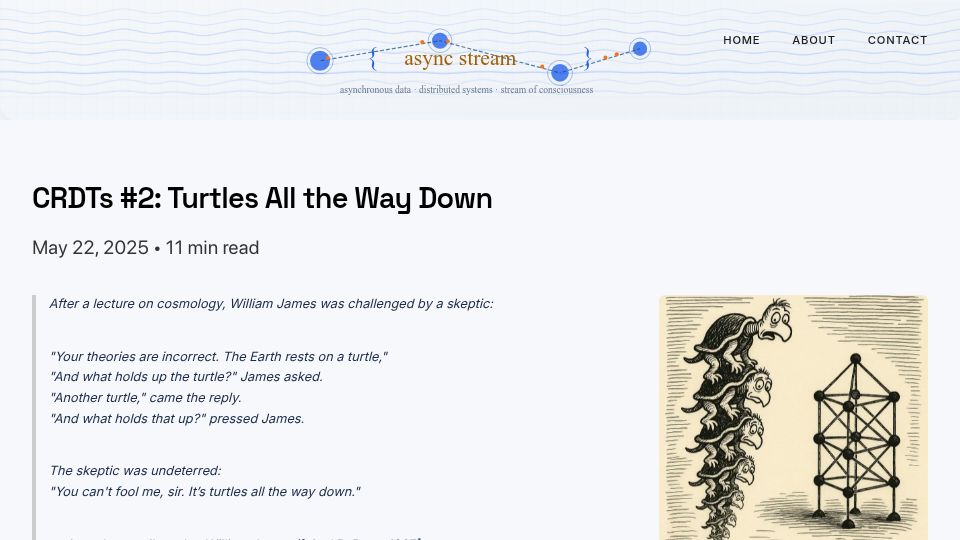 Screenshot of jhellerstein.github.io: CRDTs #2: Turtles All the Way Down