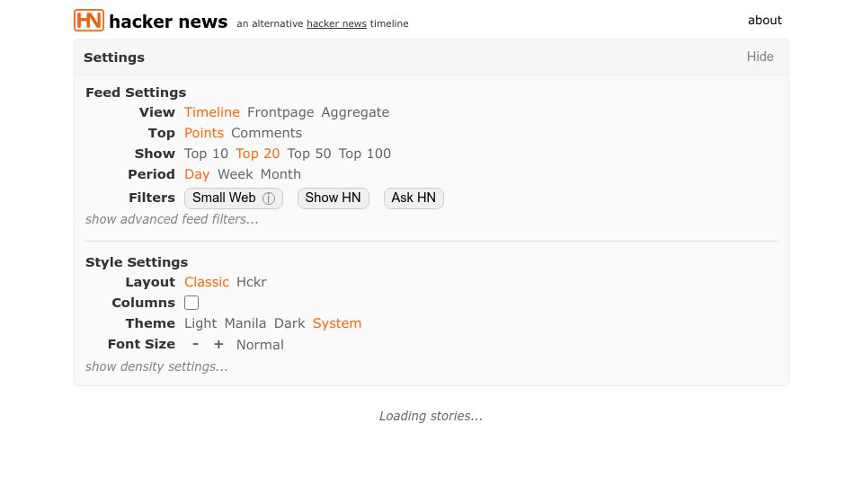 Screenshot of hcker.news: Show HN: hcker.news – an ergonomic, timeline-based Hacker News front page