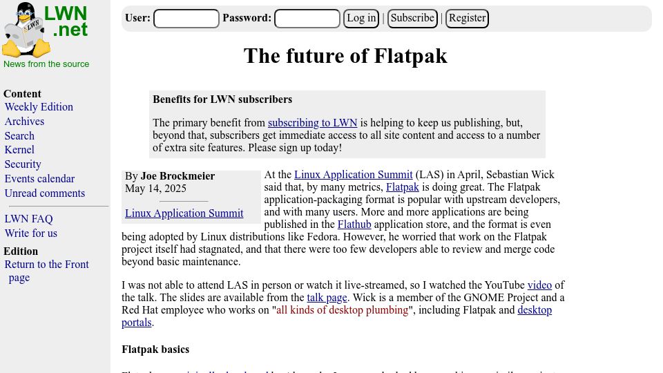 Screenshot of lwn.net: The Future of Flatpak