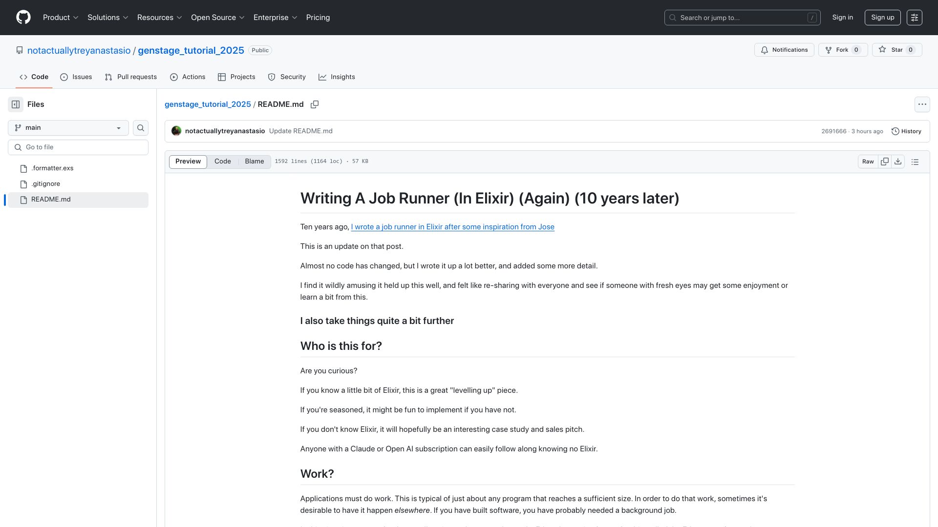 Screenshot of github.com: Writing A Job Runner (In Elixir) (Again) (10 years later)