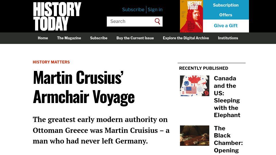 Screenshot of historytoday.com: Martin Crusius' Armchair Voyage
